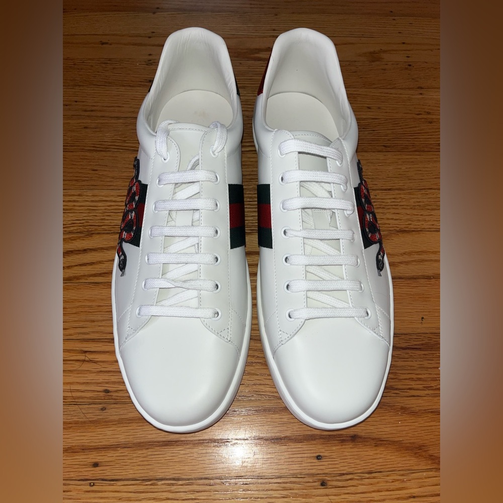 Gucci Men’s GG Ace embroidered snake leather white sneakers size 17